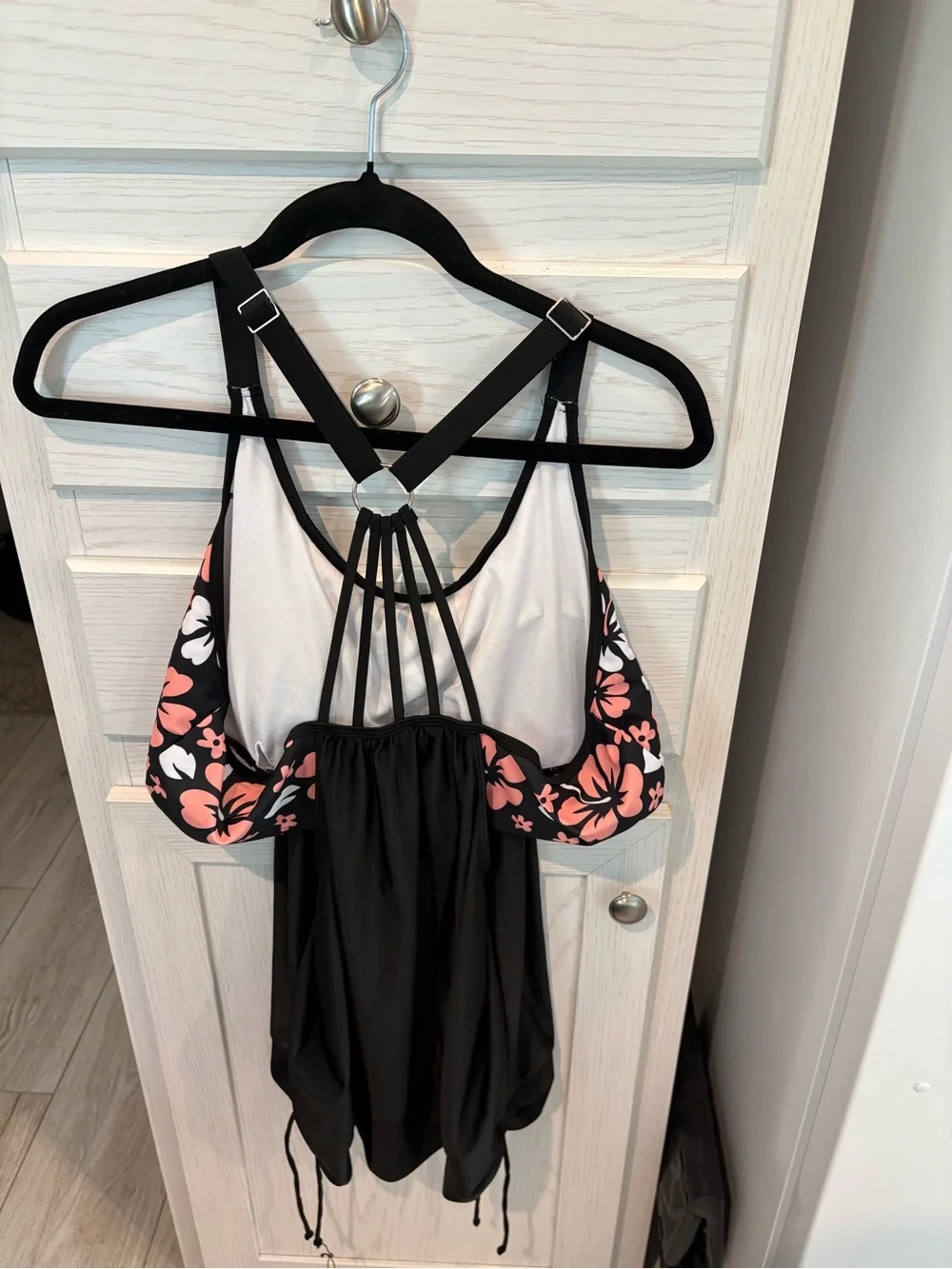 Black Floral Two-Piece Swim Set with Pink & White Hibiscus